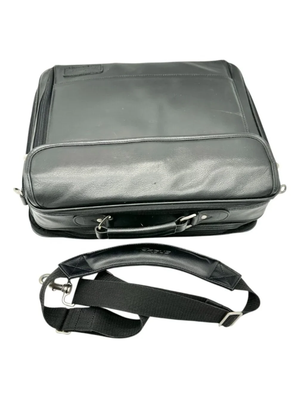 Targus Black Leather Briefcase Multiple Compartments Removable Shoulder Strap